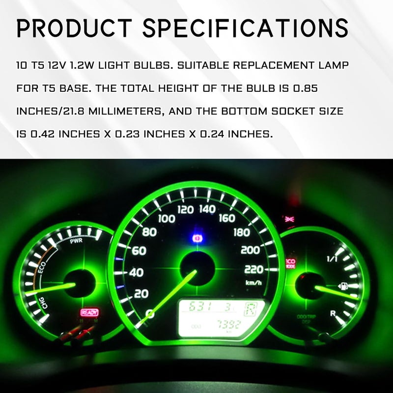 QQWD 20 قطعة T5 17 57 86 مصابيح هالوجين لمجموعة العدادات، 12 فولت ضوء لوحة القيادة لداخل السيارة، مصباح بديل لمجموعة العدادات مع مقابس T5، ملحقات إضاءة عالمية (أخضر) - Image 3